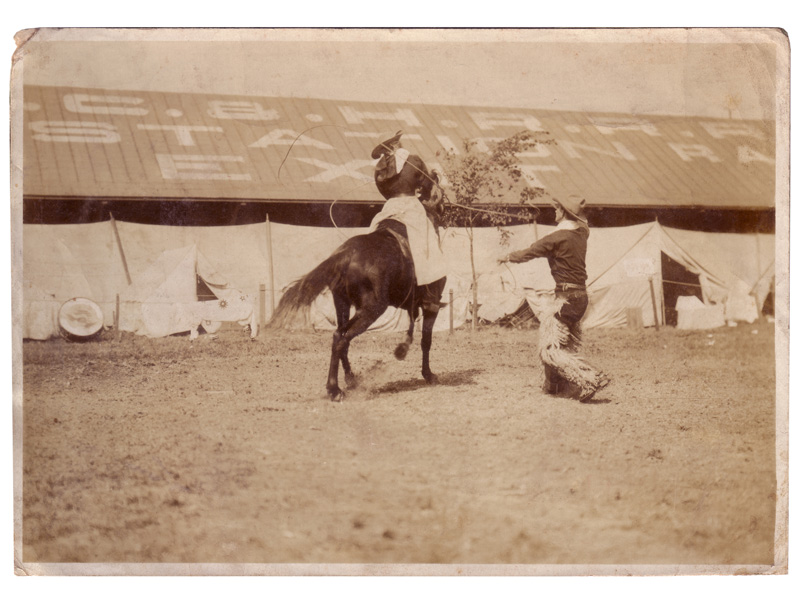 Bee Ho practicing roping in Chickasha, Oklahoma, circa 1913.