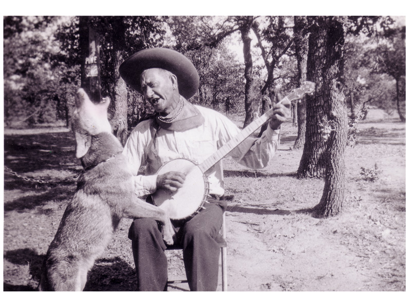 Bee Ho and his yodeling coyote, Chink, in Medicine Park, Oklahoma, circa 1934.