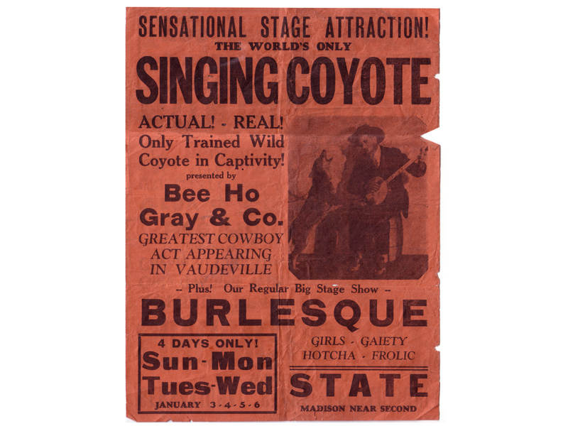 Poster for Bee Ho and his singing coyote for show in New York City, January 1932.