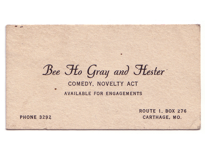 Business card for Bee Ho and Hester - Comedy, Novelty Act, circa 1950.